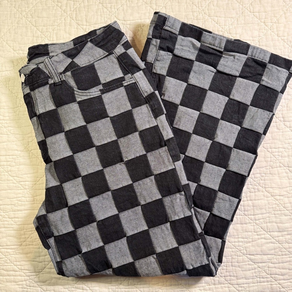 Sidefeel Gray Black Checkerboard Wide Leg Jeans Streetwear Grunge Pants L